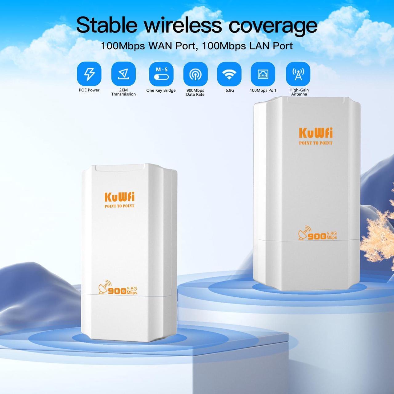 KuWFi Point to Point Wireless Bridge,
5.8G 900Mbps 2KM WiFi Ethernet Bridge Long Range, Wireless Access Point
Outdoor CPE 100Mbps Port, Pre-Configured Network for WiFi Coverange and CCTV
Project - Kenya - Image 4