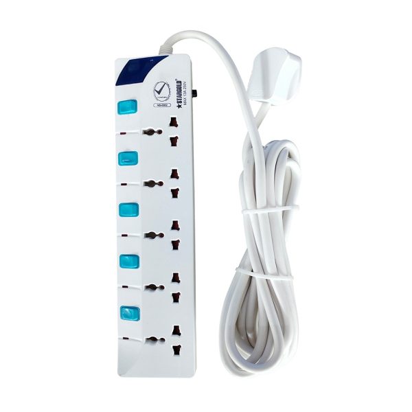 Stargold Power Extension Cord 5 Ways 5 Meter Electric Universal Power Strip wire 13A Fuse surge With Separate Single Switch and Indicate light Multi Sockets for Home & Office - Kenya